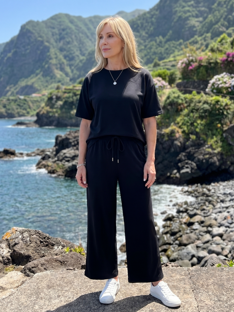 Wihel | Short Sleeve Drawstring Waist And Straight Leg Pants Set