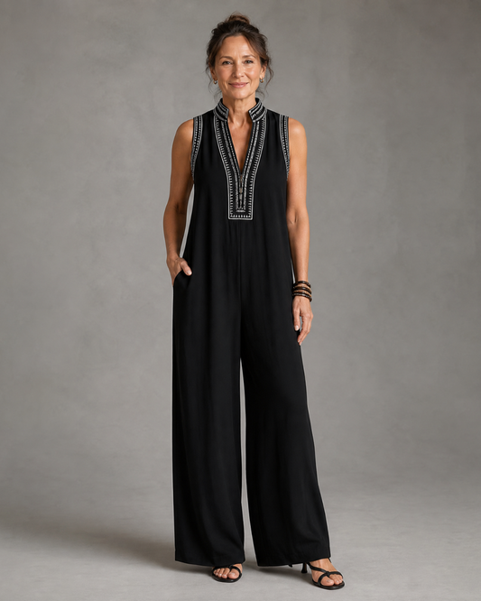 Velmira | Embroidered V Neck Sleeveless Wide Leg Jumpsuit