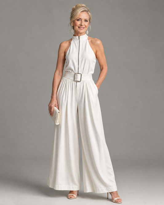 Astrielle | Belted High Neck Wide Leg Sleeveless Jumpsuit