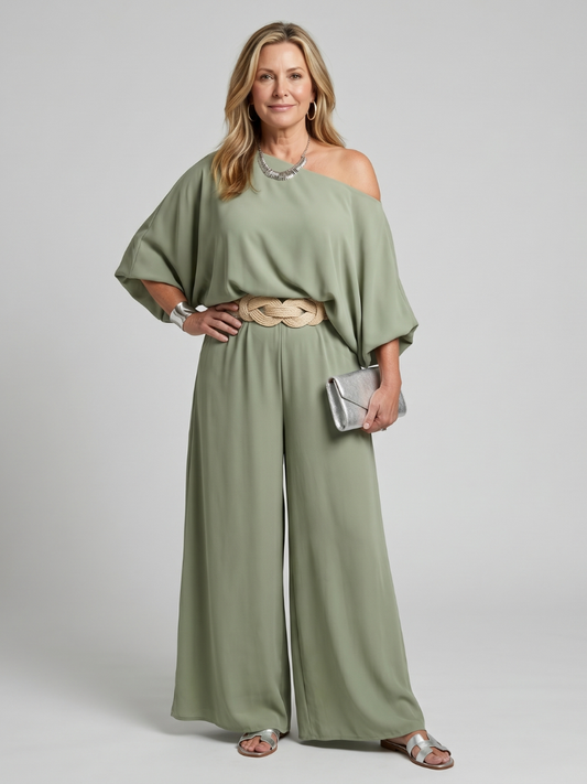 Siomara | One Shoulder Wide Sleeve Top And Wide Leg Pants Set