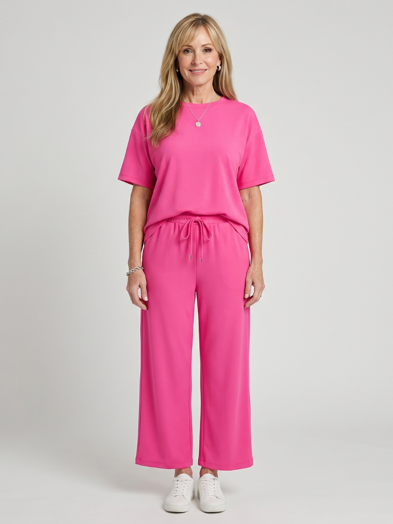 Wihel | Short Sleeve Drawstring Waist And Straight Leg Pants Set