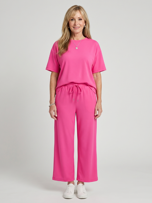 Wihel | Short Sleeve Drawstring Waist And Straight Leg Pants Set