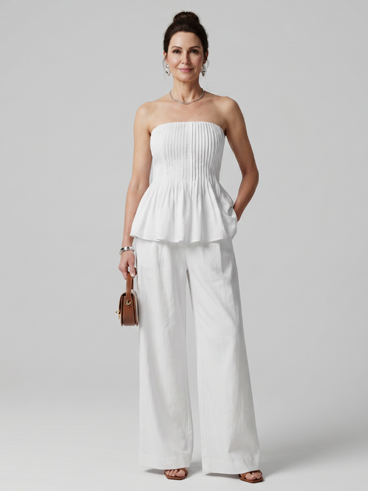 Rila | Strapless Smocked Top And Wide Leg Pants Set