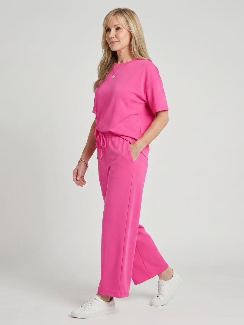 Wihel | Short Sleeve Drawstring Waist And Straight Leg Pants Set