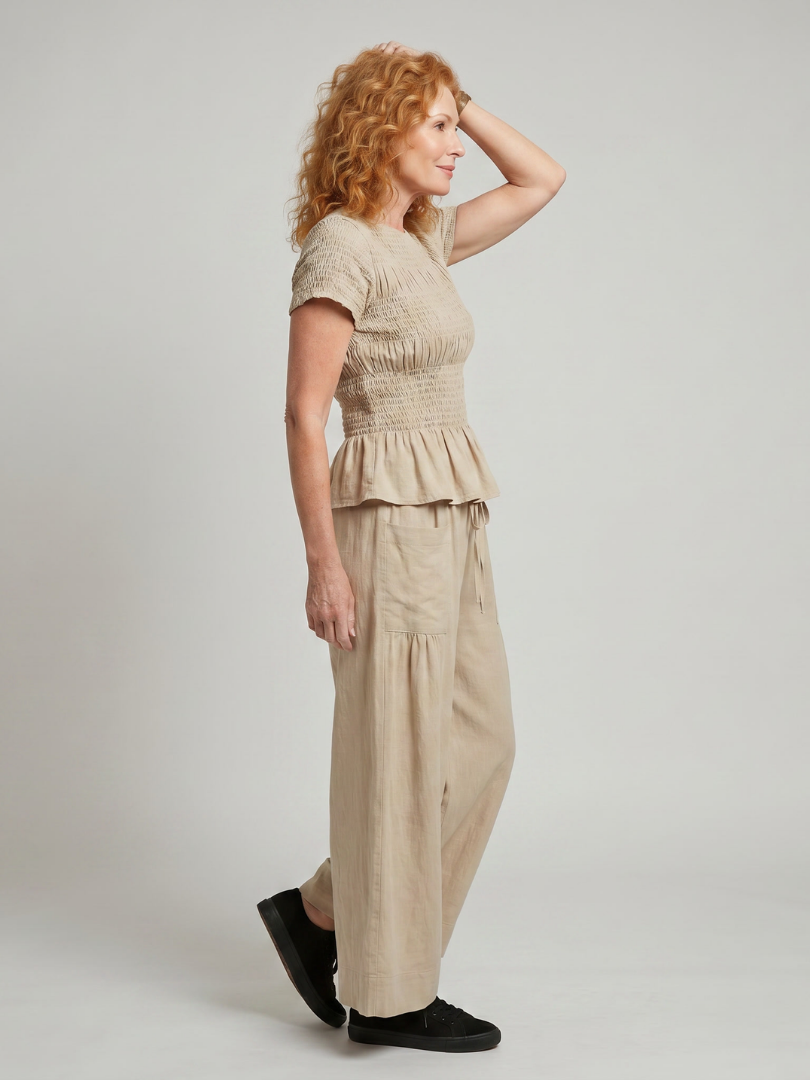Eirenne | Peplum Detail Smocked Top And Wide Leg Pants Set