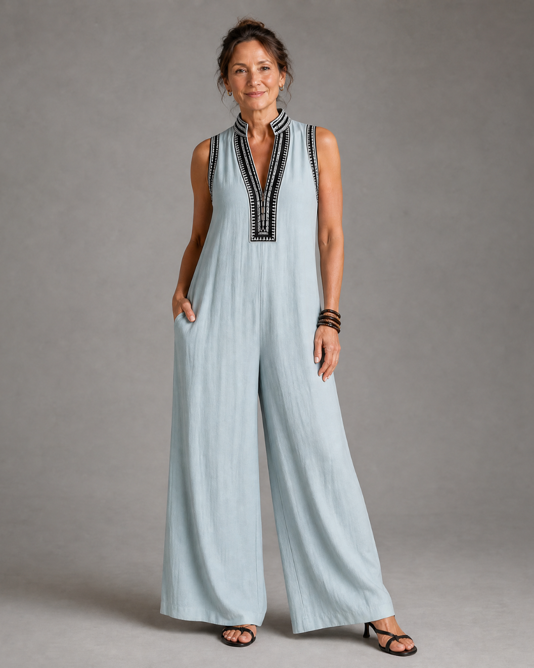 Velmira | Embroidered V Neck Sleeveless Wide Leg Jumpsuit