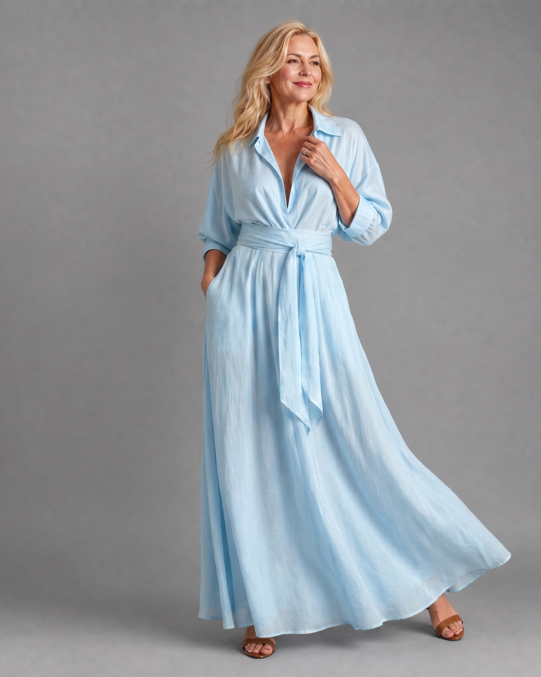 Zelith | Belted Collared Flowing Long Sleeve Midi Dress