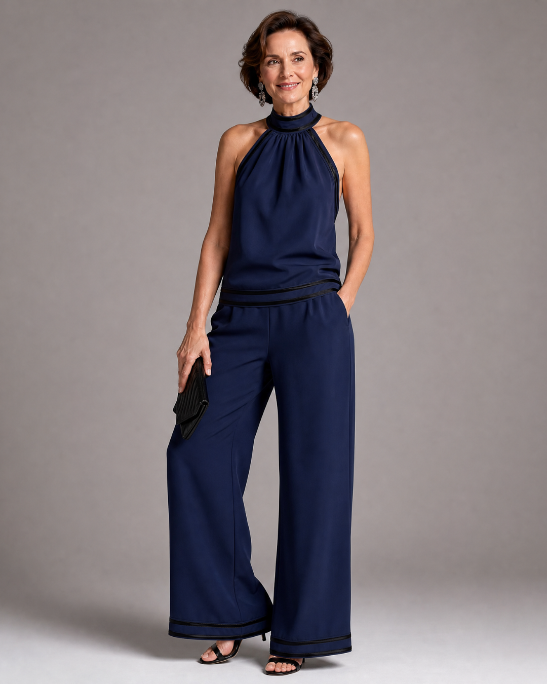 Zephyrine | Contrast Trim Halter Neck Wide Leg Jumpsuit