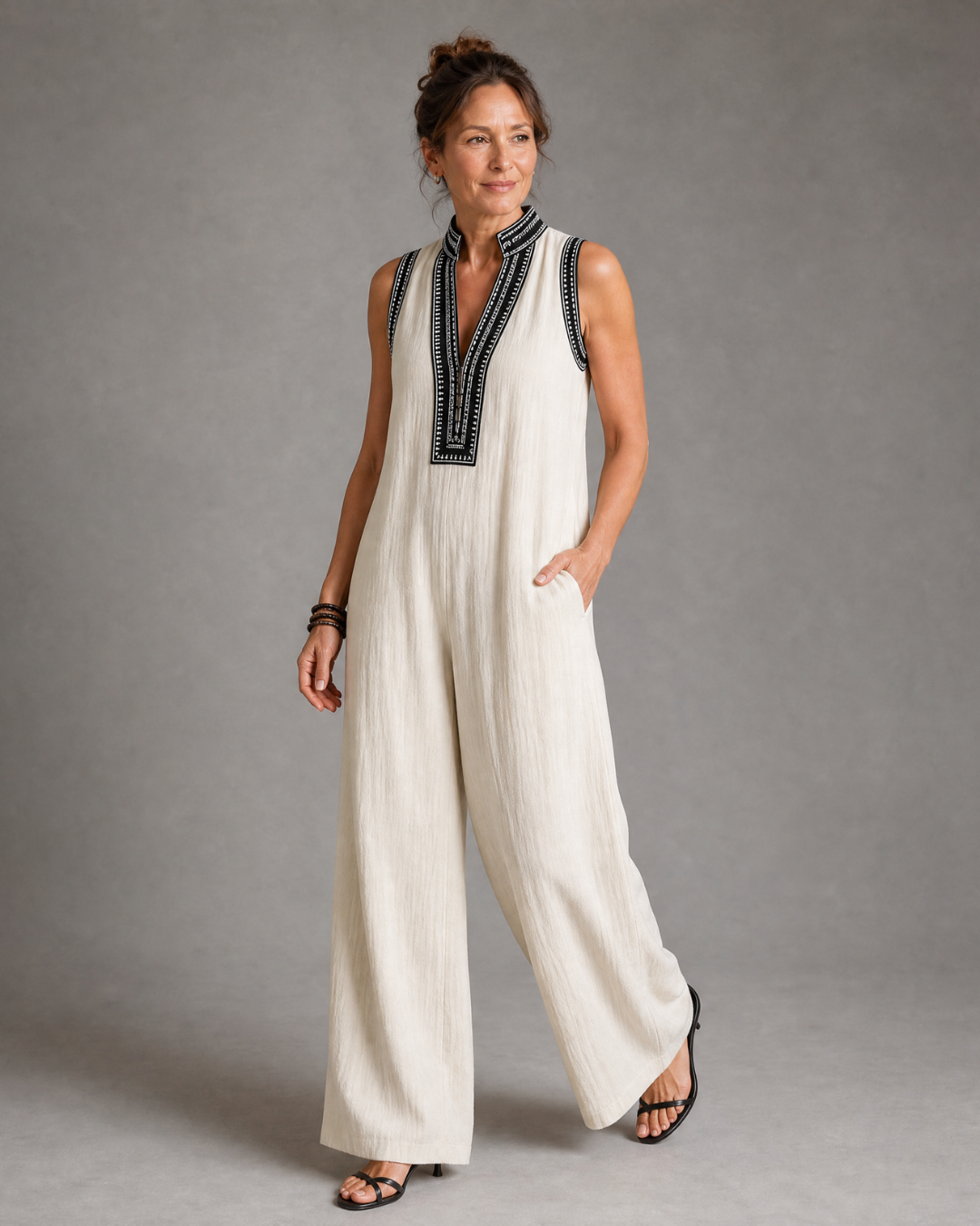 Velmira | Embroidered V Neck Sleeveless Wide Leg Jumpsuit
