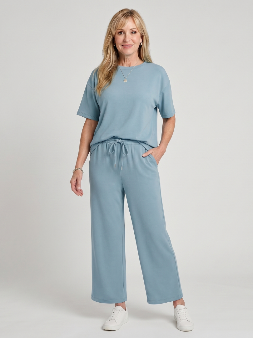 Wihel | Short Sleeve Drawstring Waist And Straight Leg Pants Set