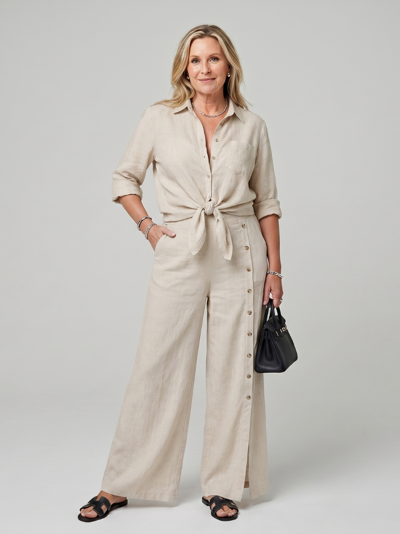 Maddelina | Long Sleeve Tie Front Top And Wide Leg Pants Set
