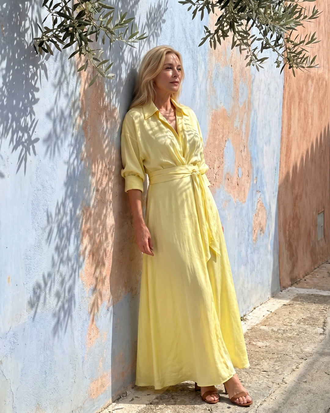 Zelith | Belted Collared Flowing Long Sleeve Midi Dress