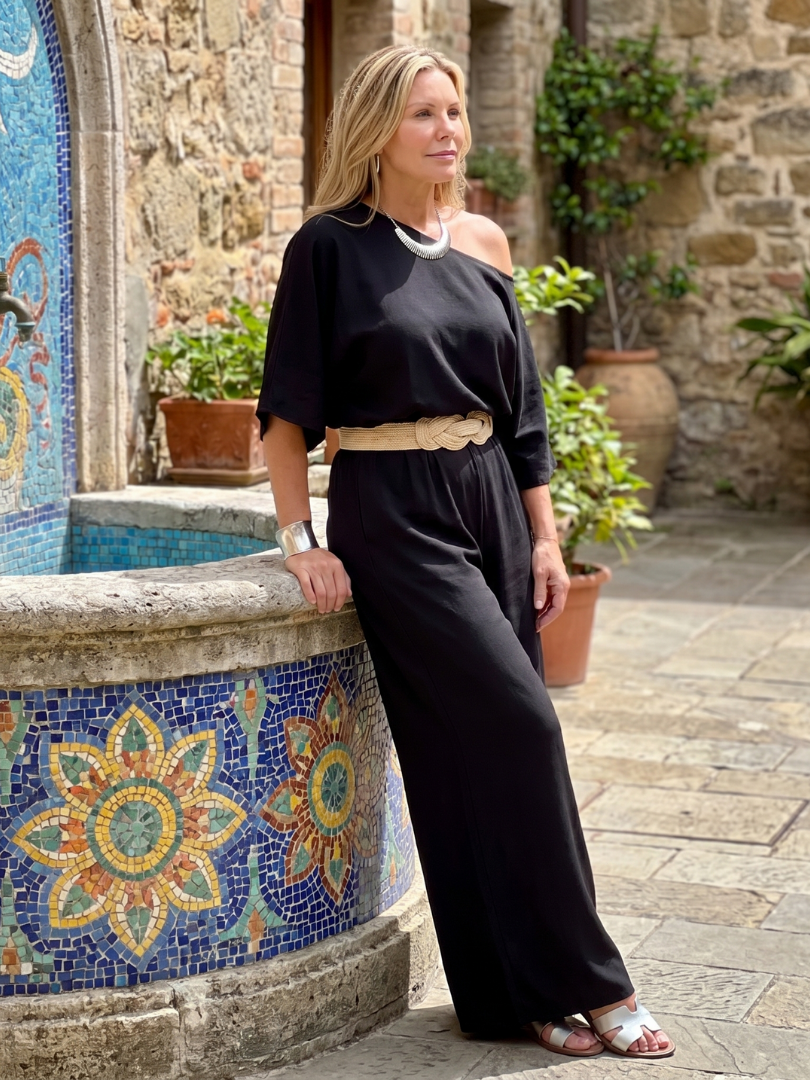 Siomara | One Shoulder Wide Sleeve Top And Wide Leg Pants Set