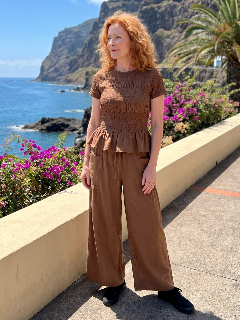 Eirenne | Peplum Detail Smocked Top And Wide Leg Pants Set