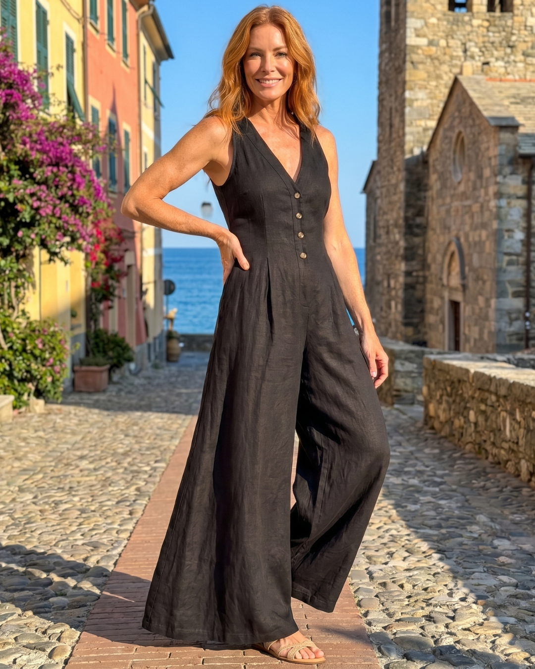 Lyssara | Button Front Sleeveless Wide Leg Relaxed Jumpsuit