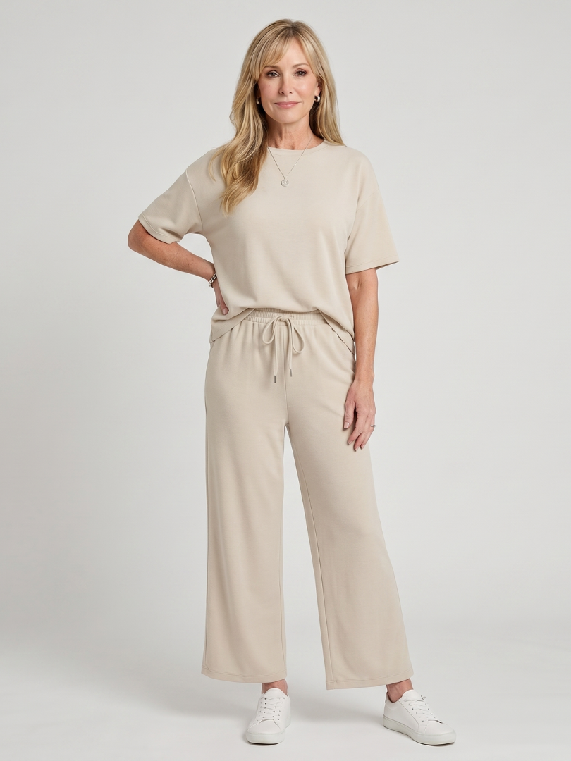Wihel | Short Sleeve Drawstring Waist And Straight Leg Pants Set