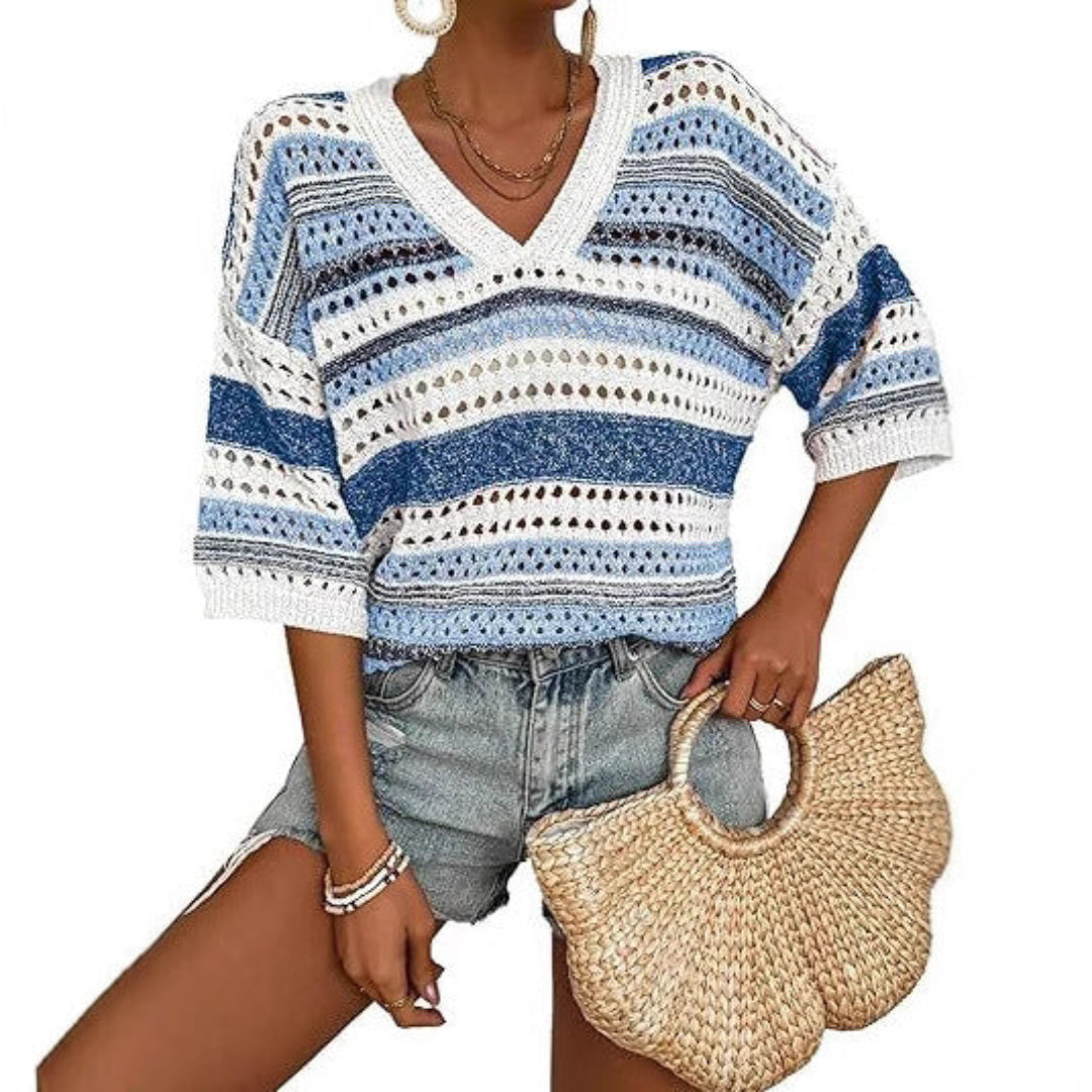 Kelise | Casual Striped Crochet V-Neck Summer Top