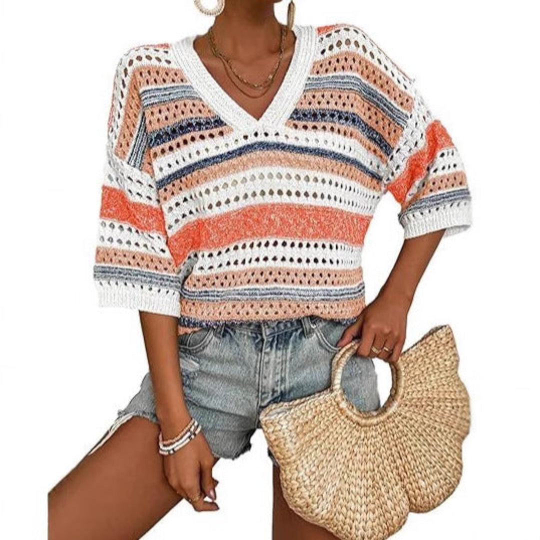 Kelise | Casual Striped Crochet V-Neck Summer Top