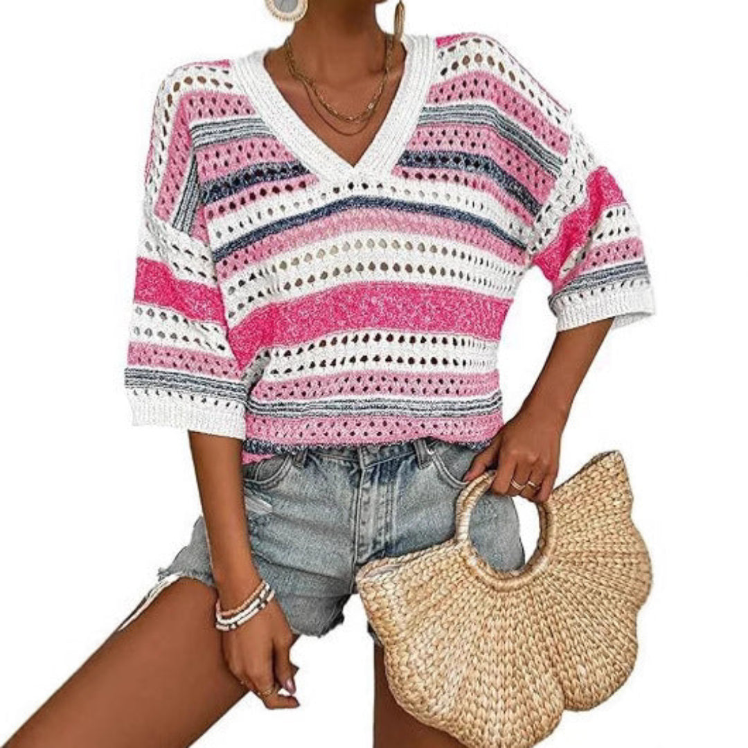 Kelise | Casual Striped Crochet V-Neck Summer Top