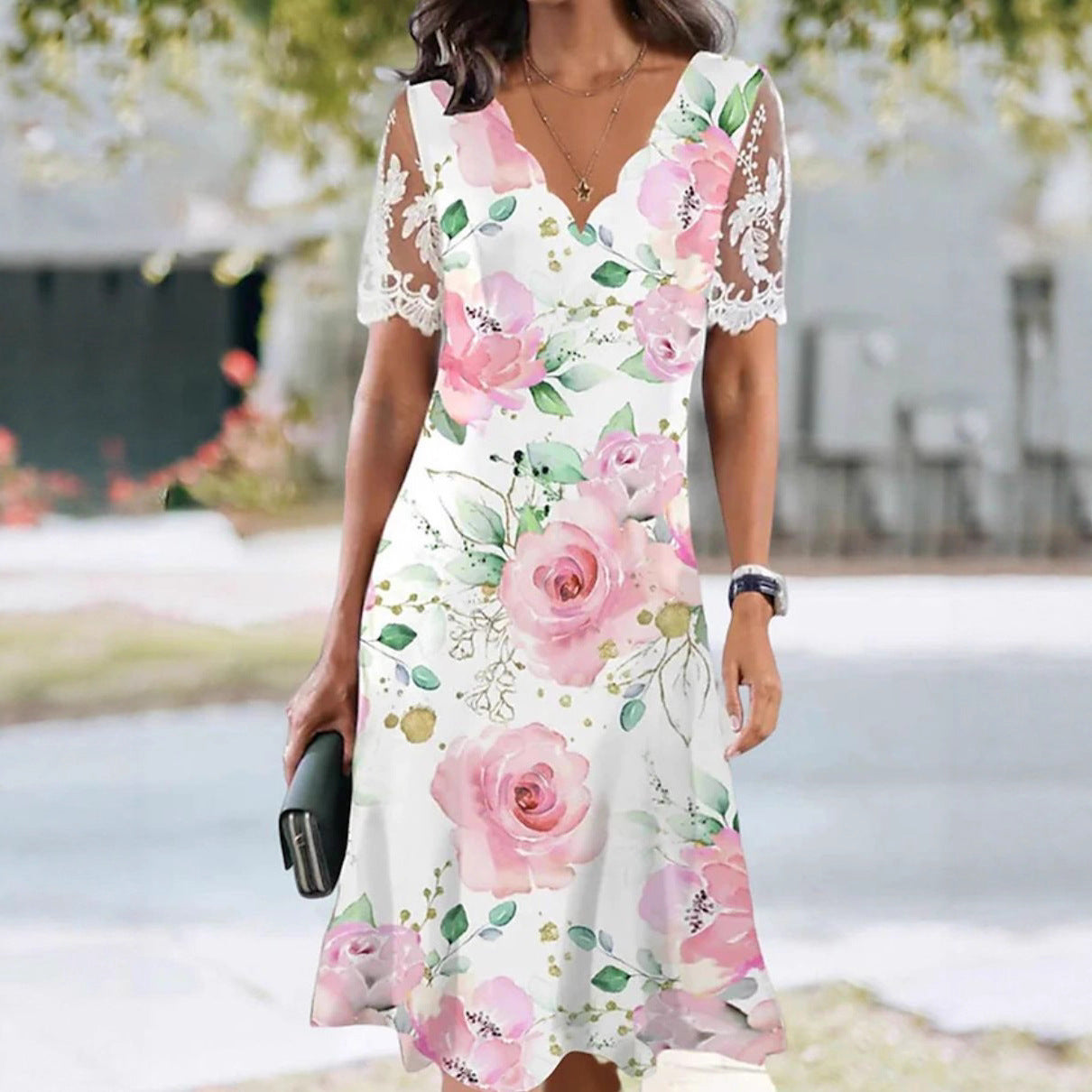 Eloise | Lace Sleeve Floral Midi Dress
