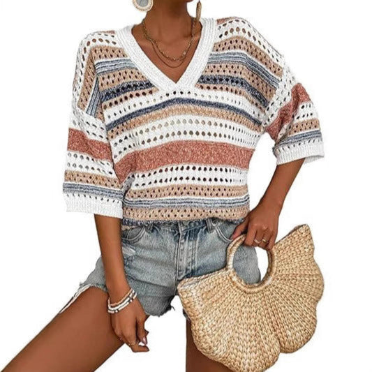 Kelise | Casual Striped Crochet V-Neck Summer Top